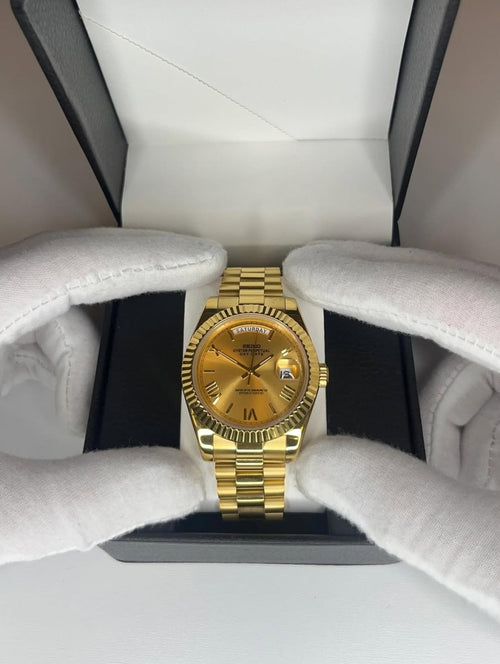 Seiko Day-Date Mod Gold 8285 automatic movement 39mm case sapphire crystal bracelet custom watch OnTimeMods